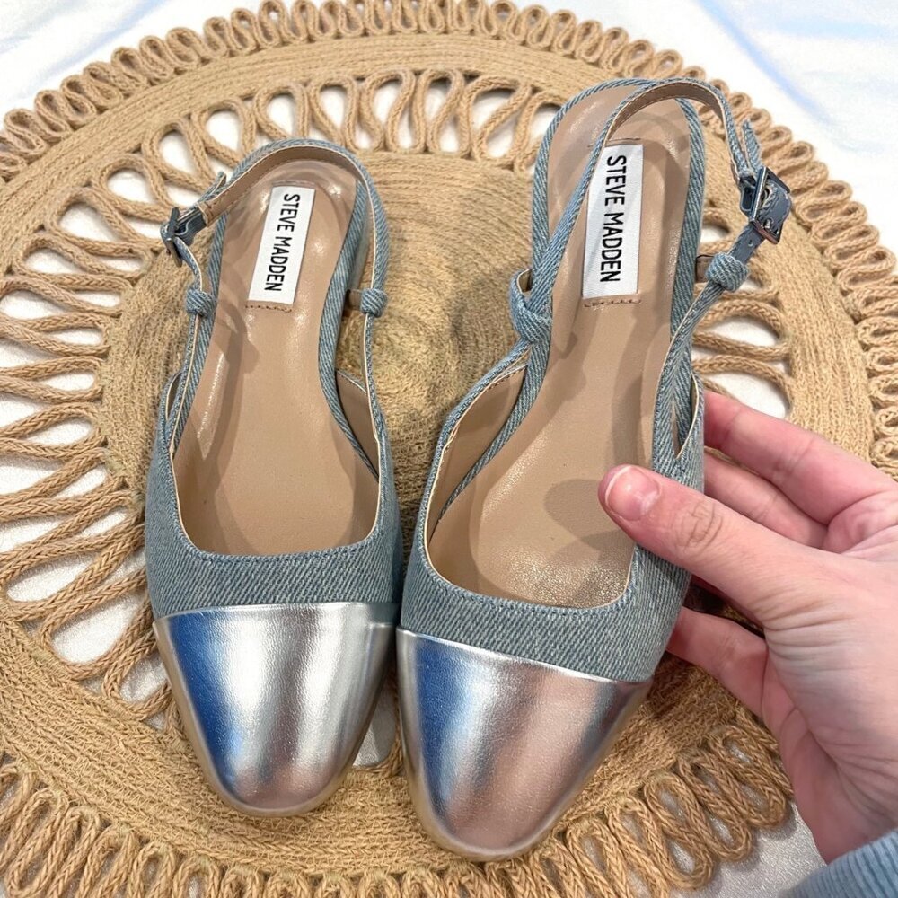 Steve Madden Belinda Adjustable Buckle Sling Back Flats Denim Silver 6 Y2K 90s - Picture 3 of 13